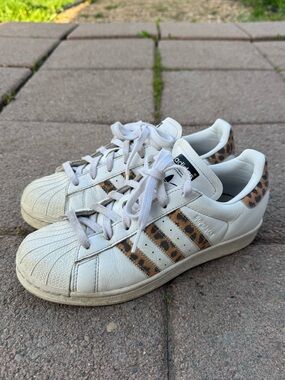 adidas Superstar White Sneakers with Leopard-Pattern Stripes